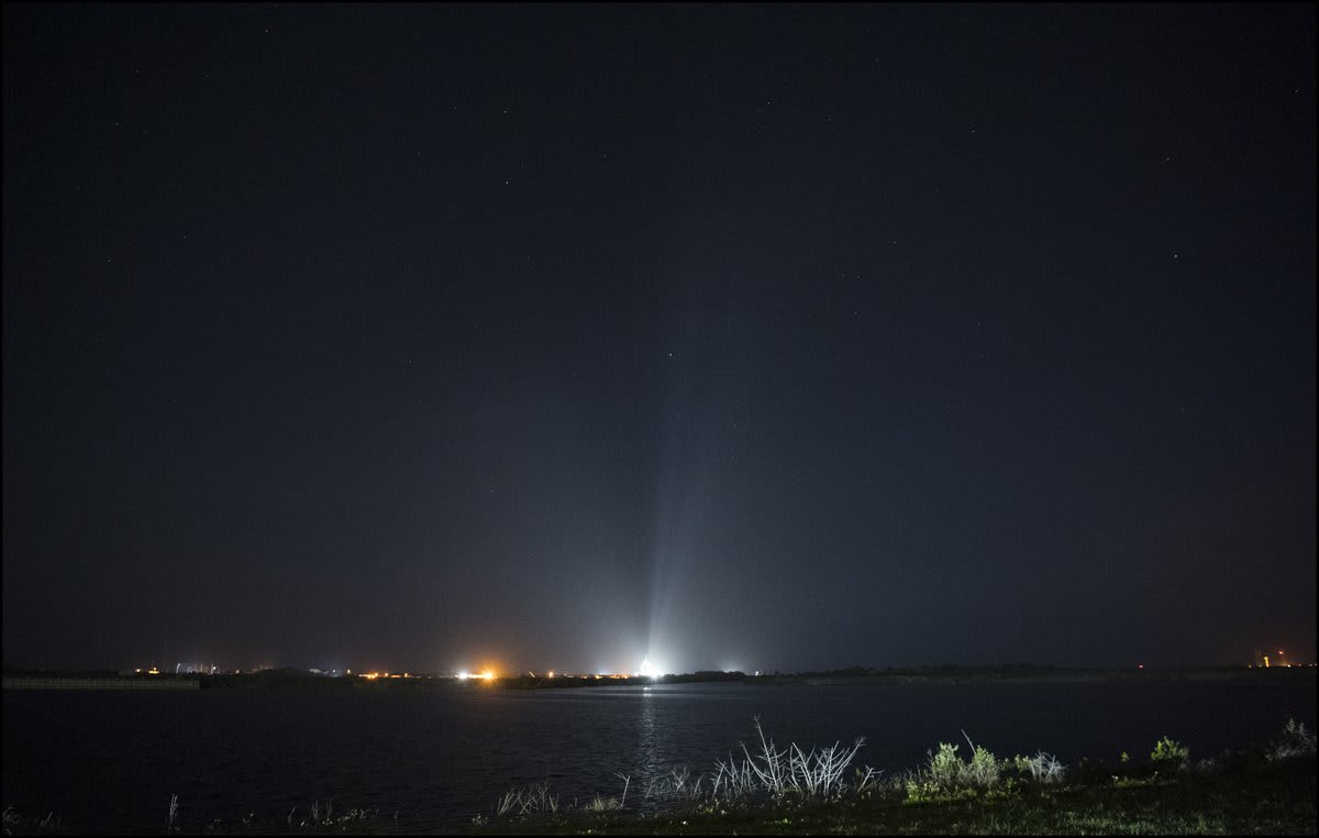 @SpaceX's Falcon 9 rocket and Crew Dragon spacecraft are seen illuminated on the launch pad early on April 23. @astro_kimbrough, @Astro_Megan, @Aki_Hoshide & @Thom_astro are scheduled to launch to @Space_Station at 5:49 a.m. EDT. :