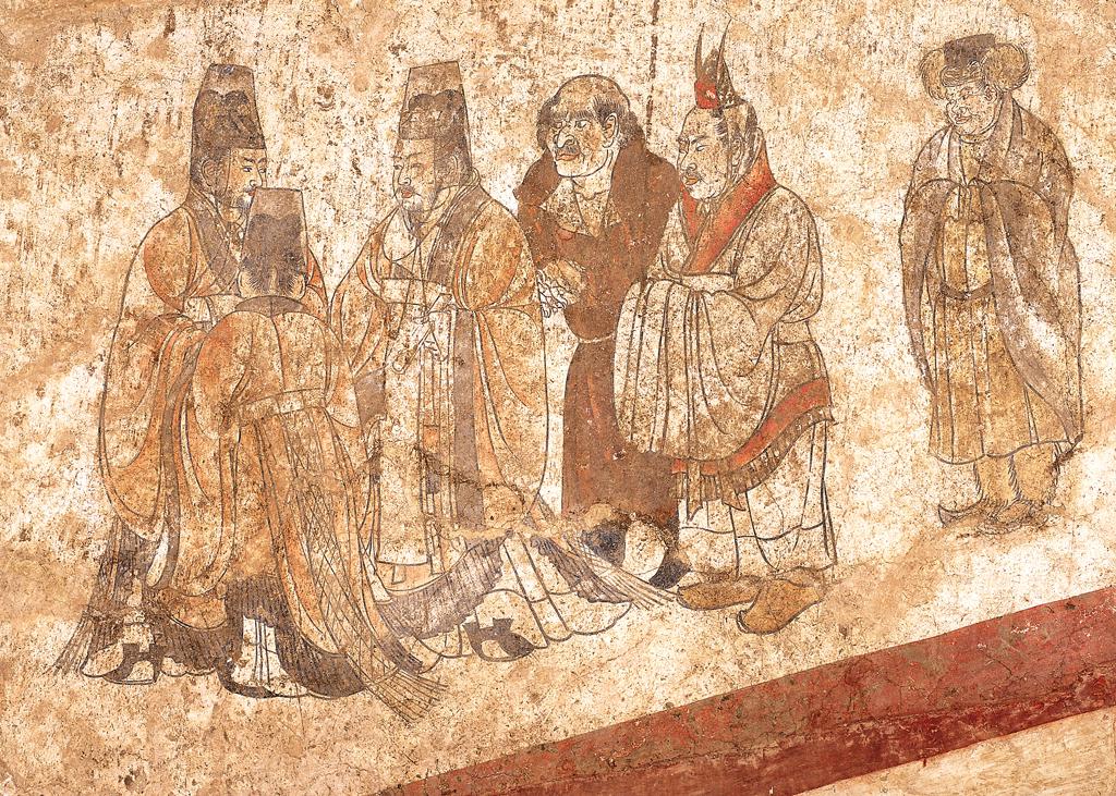 Mural depicting six diplomats. China, Tang Dynasty, 7th century