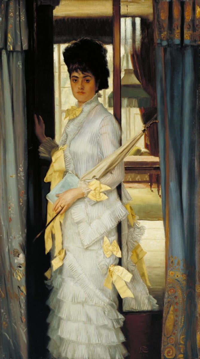 James Tissot’s 1876 painting ‘Summer’ features a woman standing in a doorway wearing a sheer muslin dress trimmed with yellow bows, which was fashionable for the time. Over the years he repeated this dress in several paintings. Read more!