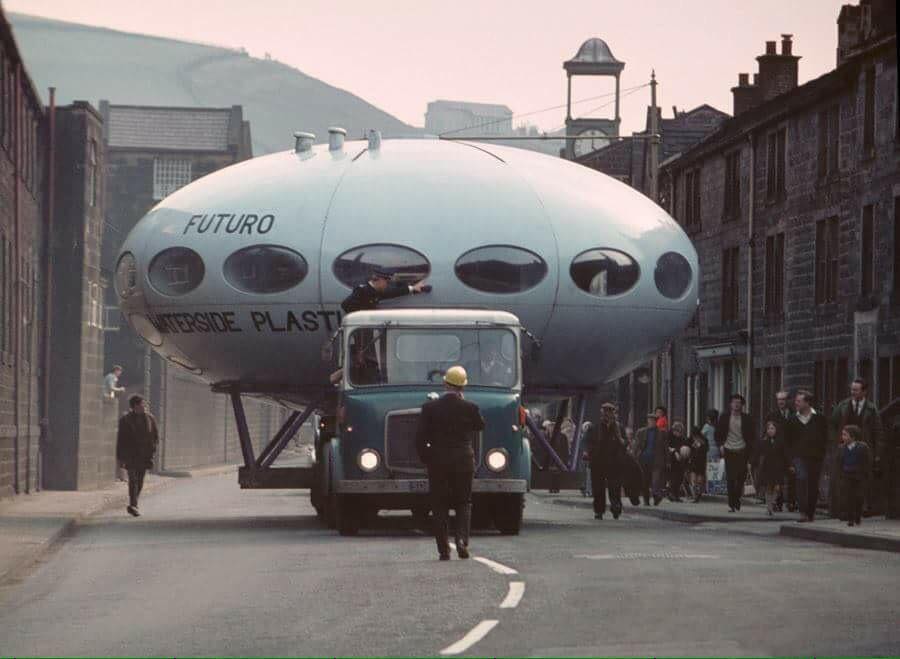 The Futuro House being transported through the streets of Todmorden in Yorkshire, 1971.