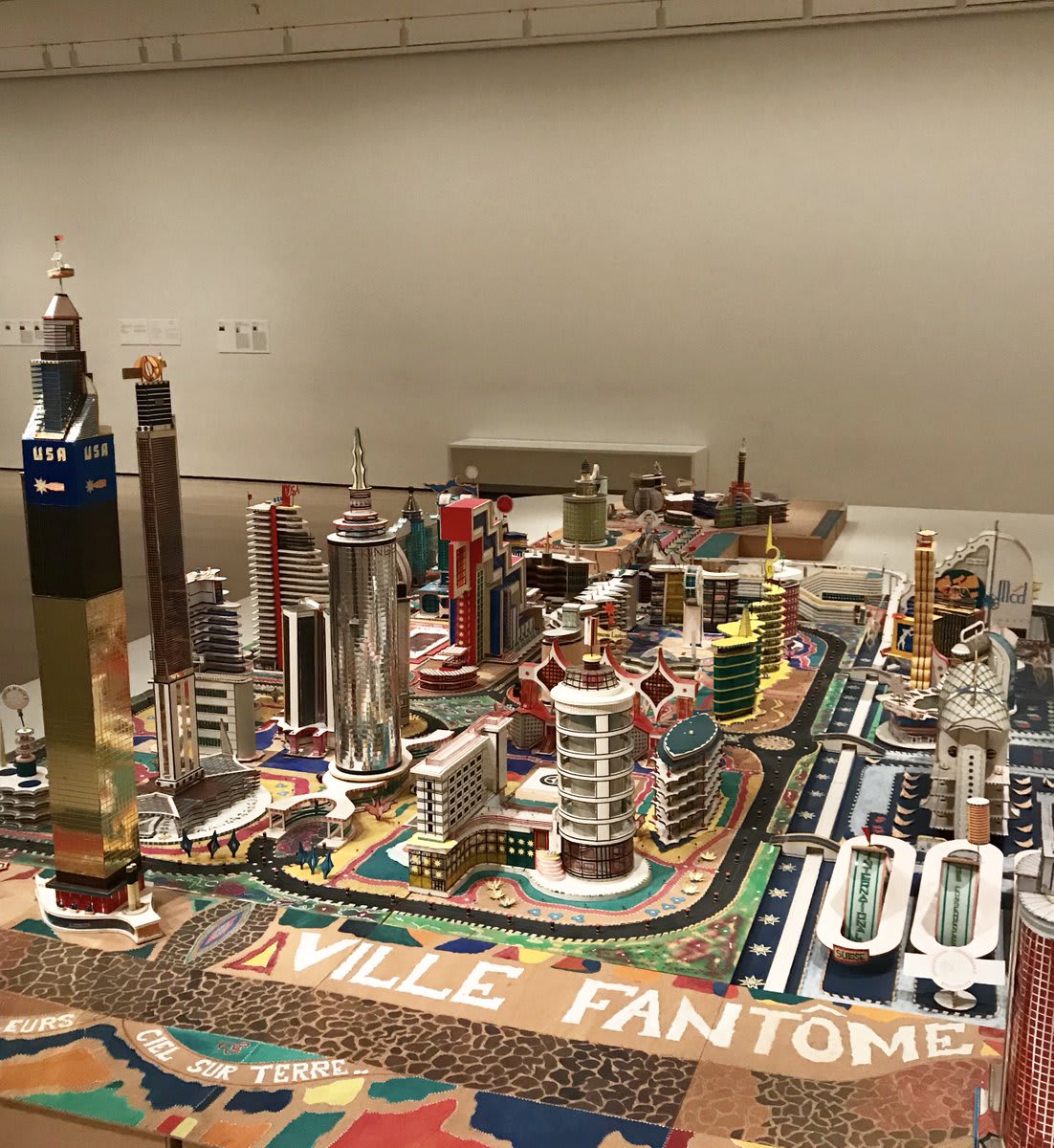 In his largest cityscape, “Ville Fantôme” (1996), Kingelez makes his utopian vision of the world an earthly reality. Now on view in