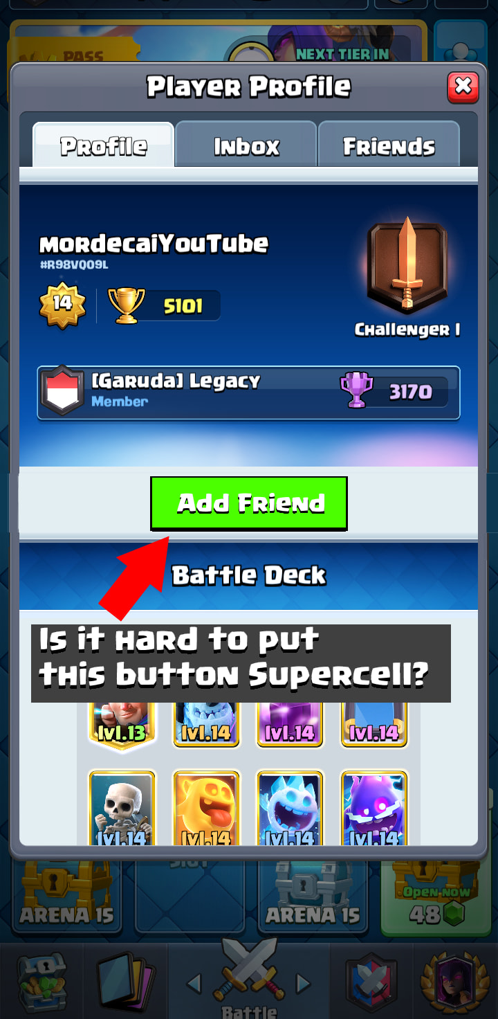 Idea, Come on Supercell, your game is 6 years old+ and we still dont have this feature? like really man? suggest for people who dont want to be added randomly just put other button "Dont receive add request" or something...