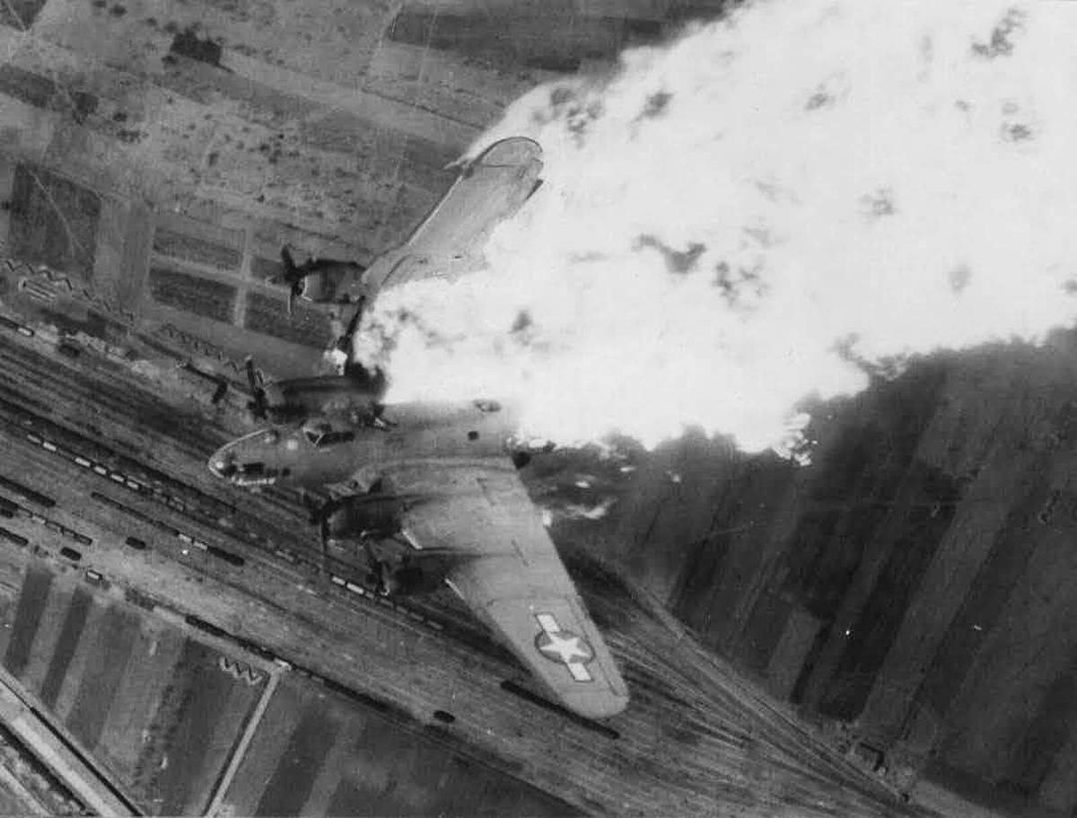 A B-17 From the 483rd Bomb Group After Being Hit by AAA Over the Rail Yards of Niš, Yugoslavia - 15 April 1944.
