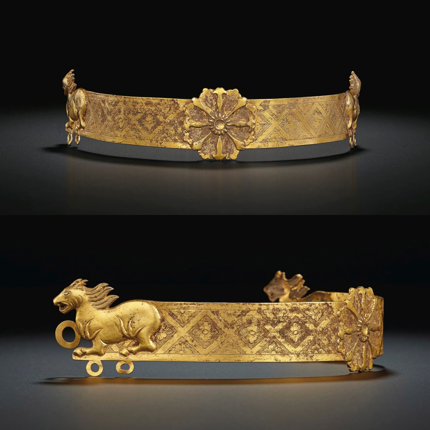 Gold headdress with a galloping horse with antlers. Tang dynasty, China, 618-907