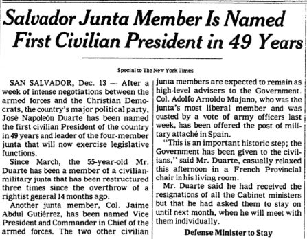 The first civilian president of El Salvador was named today in 1980. José Napoleón Duarte was chosen after a week of negotiations between the armed forces and the country's major political party.