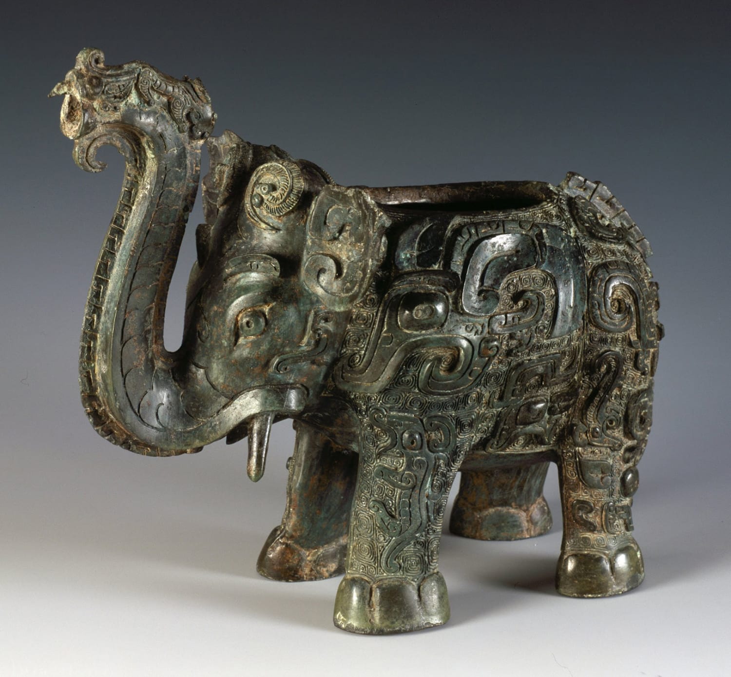 Bronze elephant-shaped wine pot. China, Shang Dynasty, 1600-1050 BC