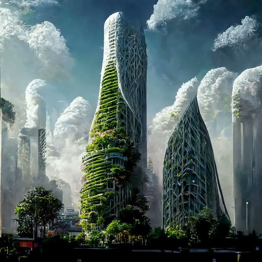 AI envisions a futuristic sustainable city with air-purifying biophilic skyscrapers