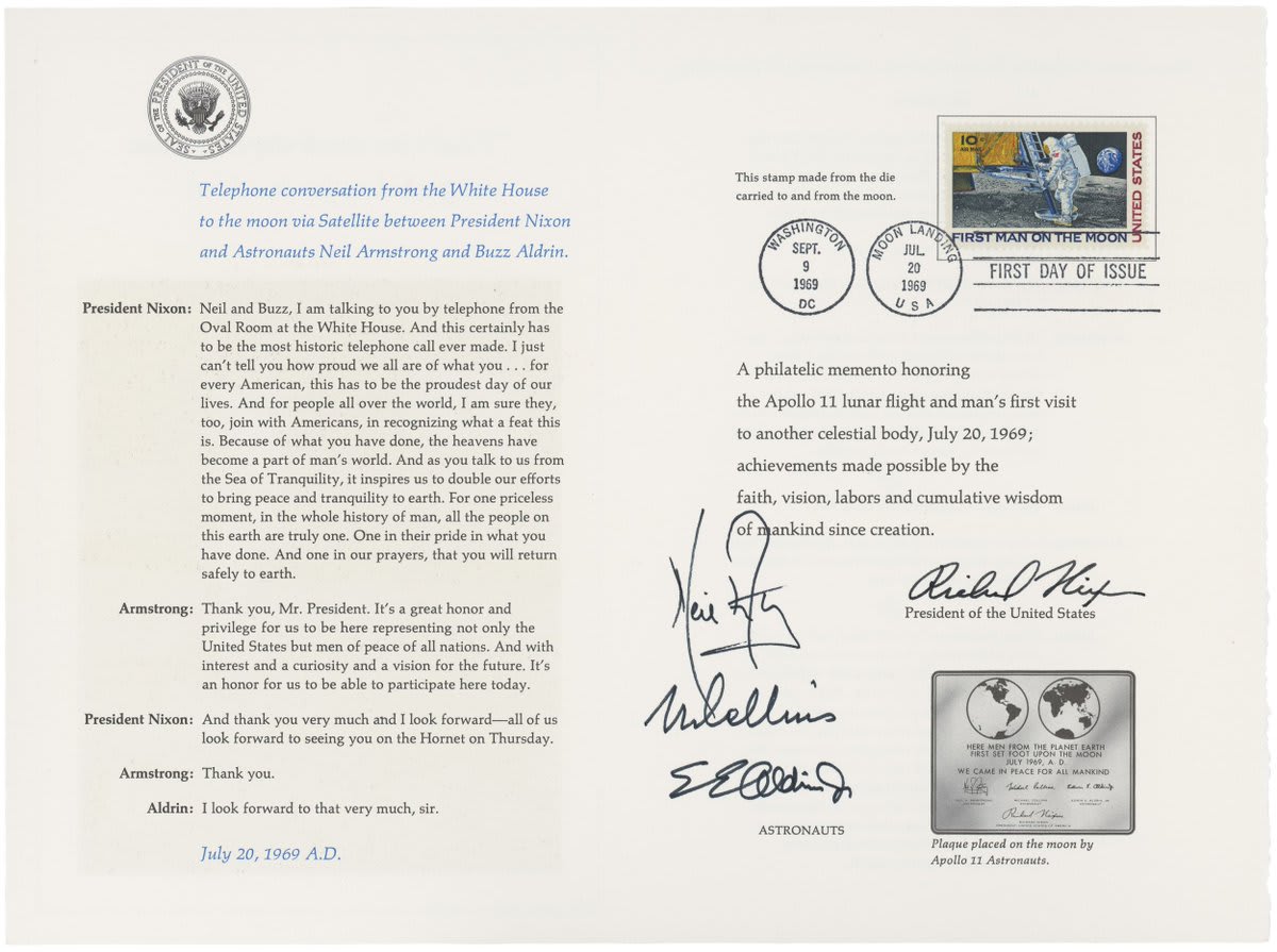 In 1969, the US Postal Service sold this Apollo 11 postcard with a commemorative stamp signed by President Nixon and astronauts Armstrong, Collins, and Aldrin.
