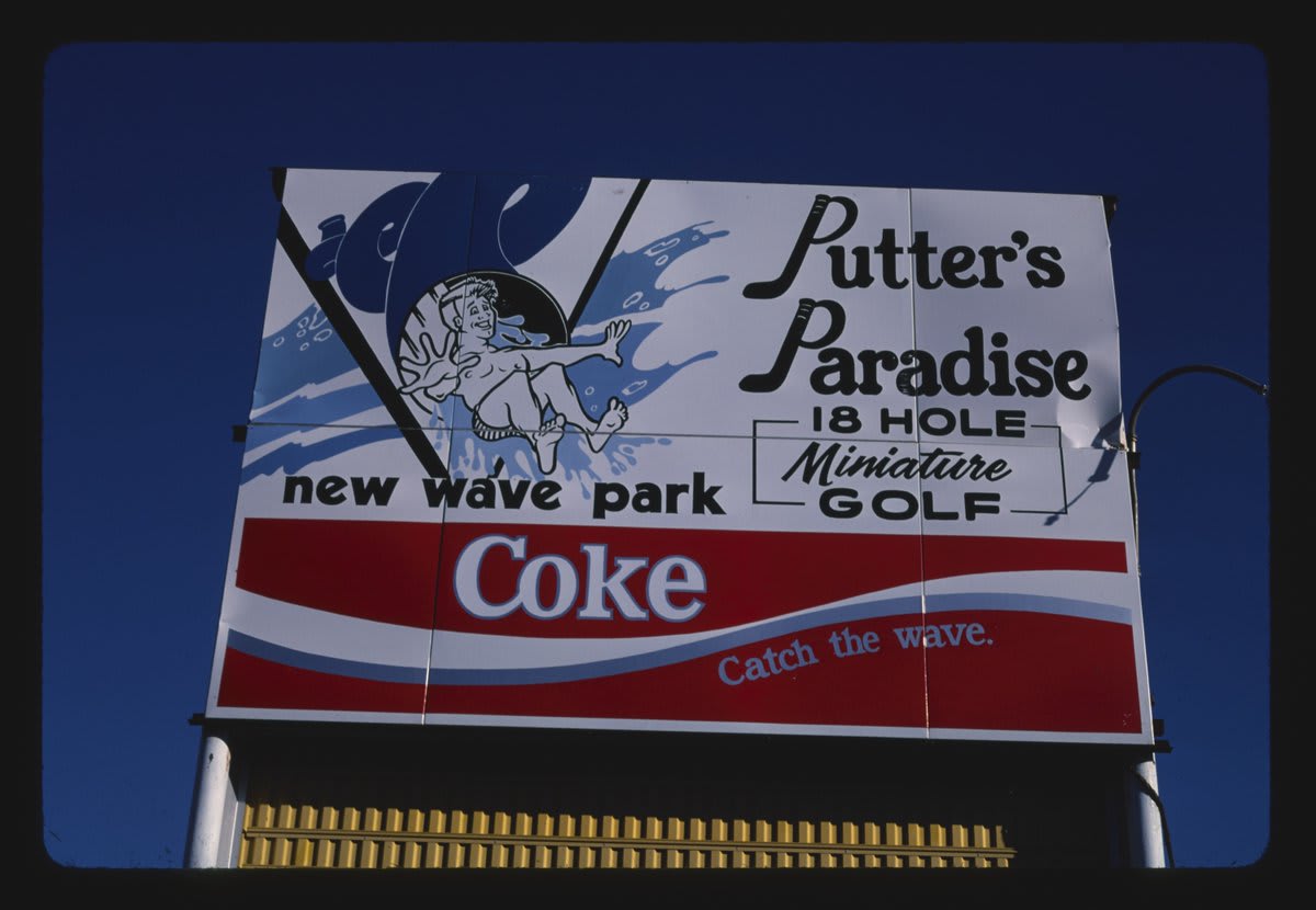 sign, putter's paradise mini golf at new wave park, missoula, montana, 1987
