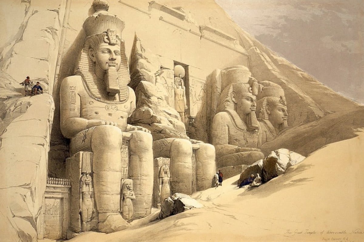 Statues outside the temple of Abu Simbel, Egypt. Coloured lithograph by Louis Haghe after David Roberts, 1849 CE. Wellcome Collection, London.