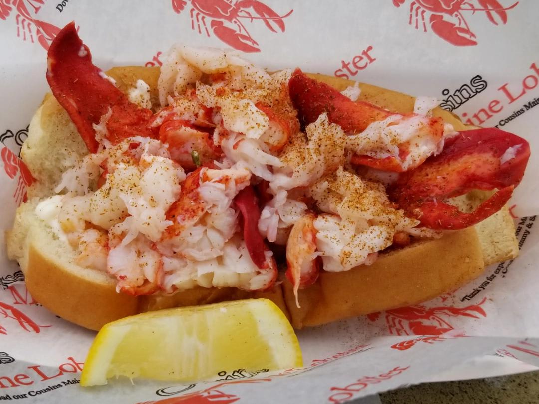 The classic Maine-style lobster roll, with cold lobster meat and mayonnaise, courtesy of the Cousins Maine Lobster food truck.