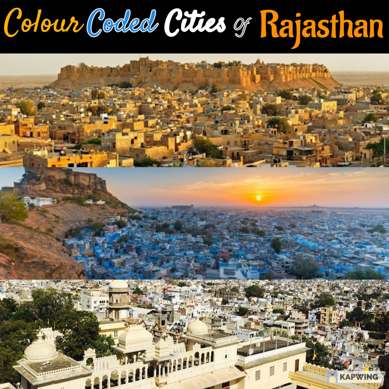 Jaisalmer(Golden City)-Jodhpur(Blue City)-Udaipur(White City)~Colour coded cities in the Northwest Indian State of Rajasthan