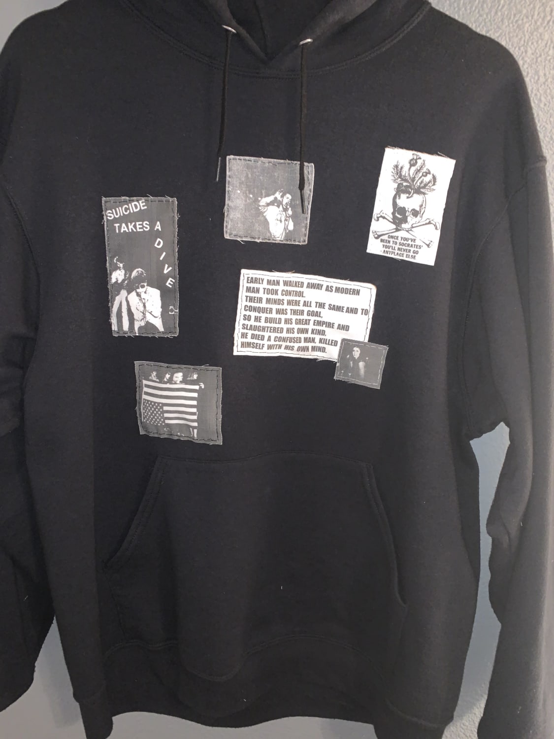 DIY hoodie i made with images i found in 80s Punk Zines. And bad religion lyrics