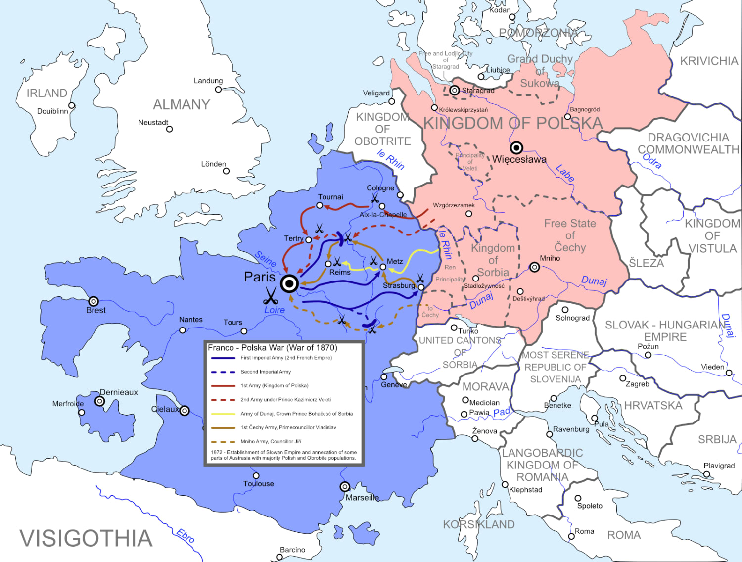 Franco - Polska War and the creation of Slowan Empire. (World where the continents are formed a bit differently and the slavic people pushed germanic tribes into England and northern Italy)