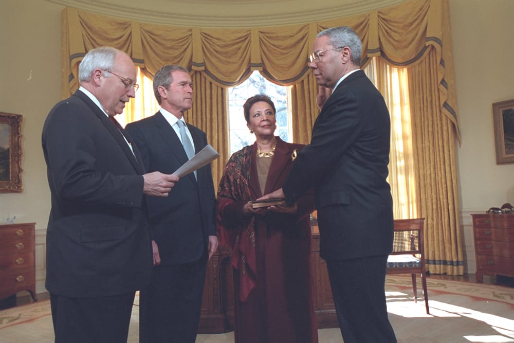 OTD 1/26/2001, Colin Powell is sworn in as Secretary of State in the Oval Office. From President George W. Bush's remarks: “I know of no better person to be the face and voice of American diplomacy than Colin Powell."
