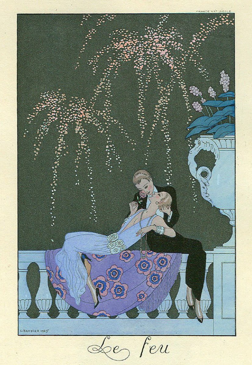 George Barbier’s decadent Art Deco illustrations portrayed strong women indulging in fashion and in life, such as this 1925 couple. The cheeky title “Le Feu” (“Fire”) clearly refers to more than just the fireworks.