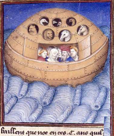 Noah’s ark is shown as a round, domed vessel, with birds and animals peering out of the portholes, with Noah and his family staring through a large opening on the main deck below. Image credit: British Museum