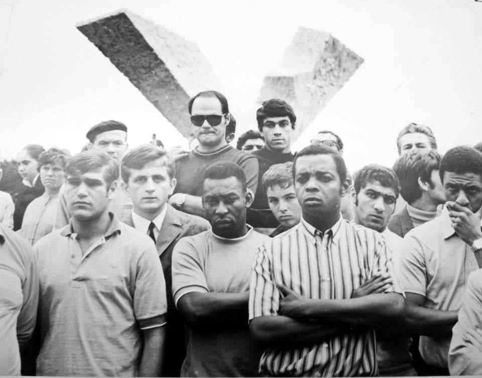 Pele and his Santos teammates in front of the Kragujevac massacre memorial, Kragujevac, Serbia, Yugoslavia, 1969