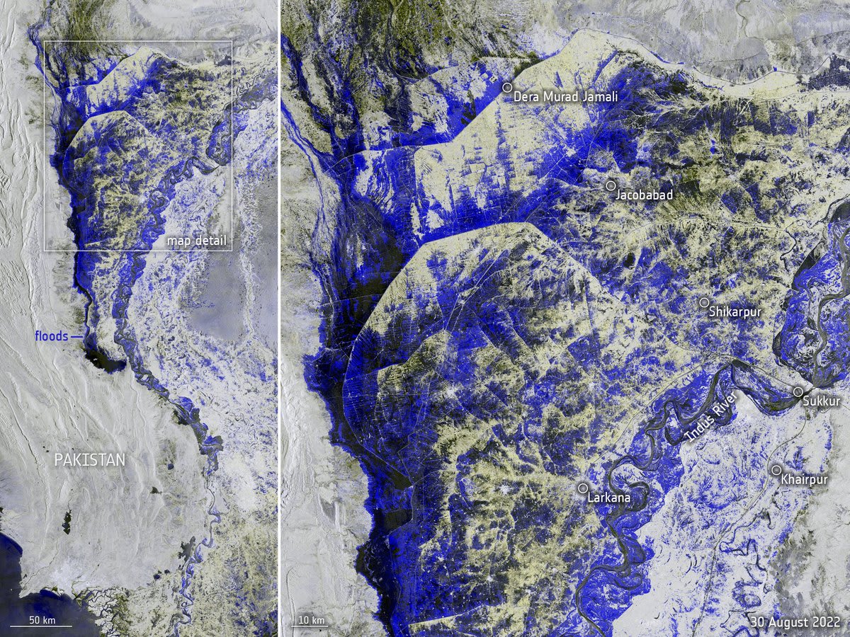 📷 With much of Europe on drought alert, this @CopernicusEU Sentinel1 image on 30 August shows the extent of flooding affecting #Pakistan. Heavy monsoon rainfall – 10 times more than usual – has led to more than a third of the country being underwater 👉