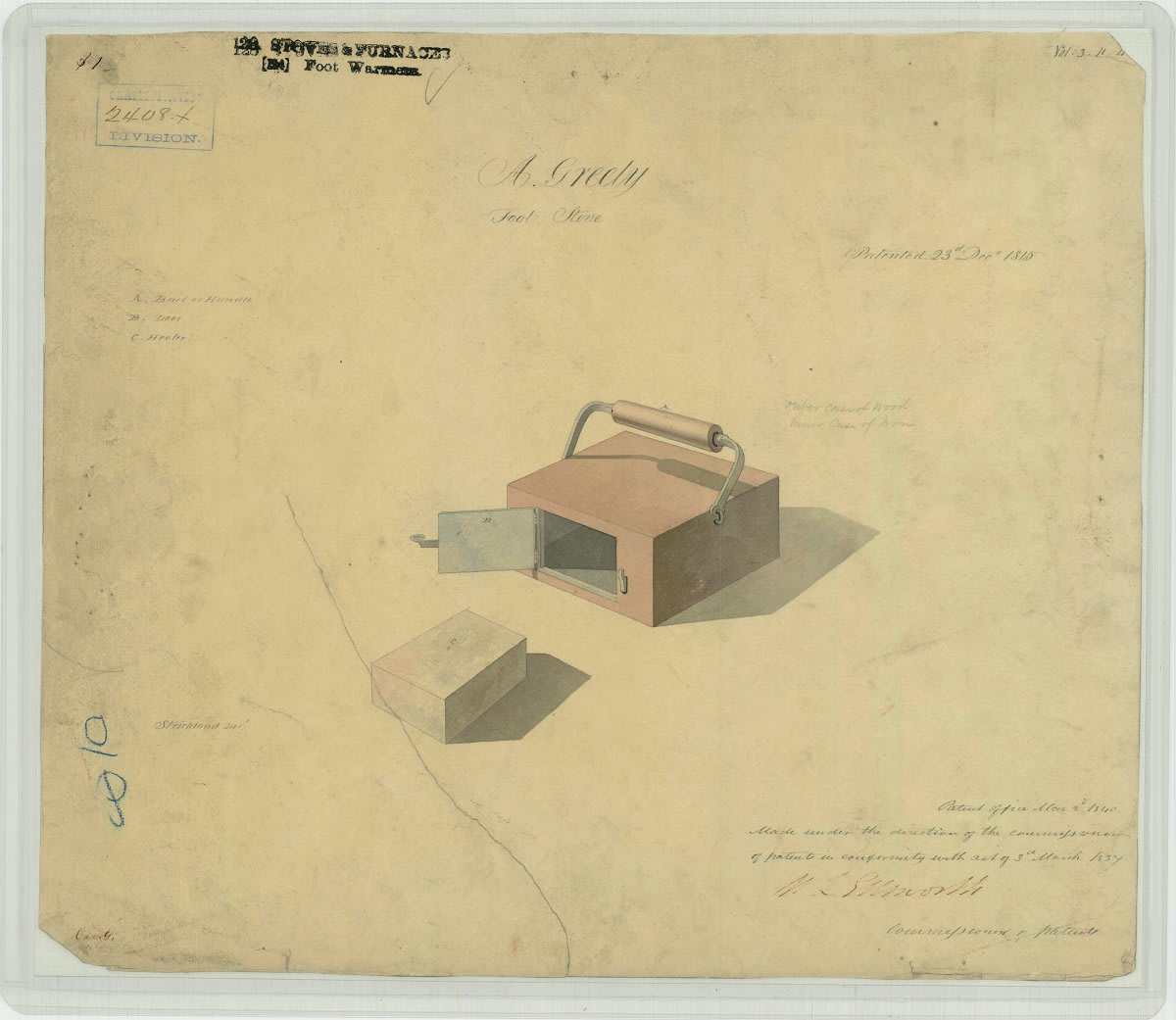 Suffering from cold feet? Perhaps you'll like this #invention. A, Greely's PatentDrawing for a Foot Stove, OTD in 1815