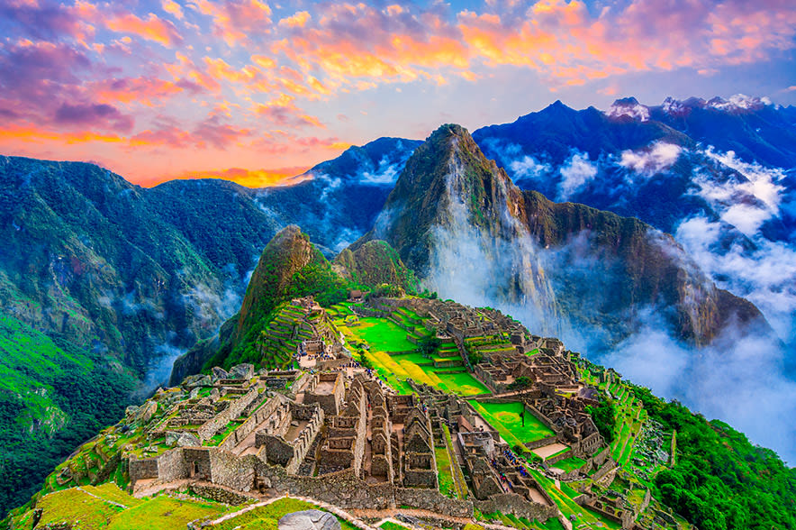 Machu Picchu is an ancient religious and royal incan citadel high up in the Andes Mountains of southern Peru and famous for its man-made terraces. About 500-1000 people used to live there until it was slowly abandoned in the 16th century. Today, around 1.5 million people visit it every year.