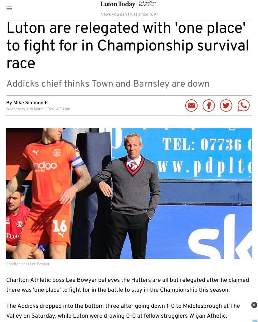 Context: The Charlton Manager said Luton and Barnsley were effectively relegated before the season was suspended for COVID. With 9 games remaining Barnsley and Luton stayed up, with Charlton being relegated