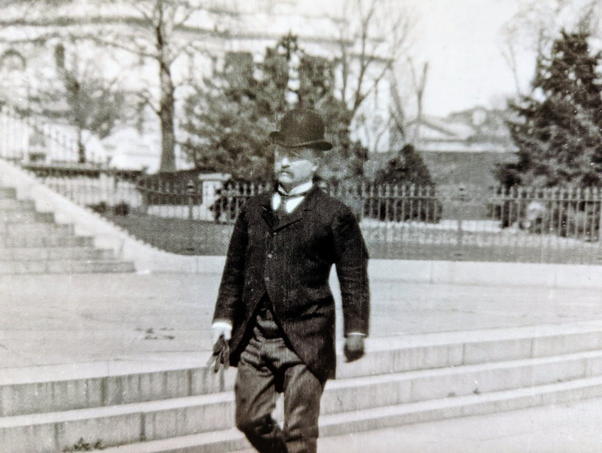 Assistant Secretary of the Navy Theodore Roosevelt leaving the White House, 1897