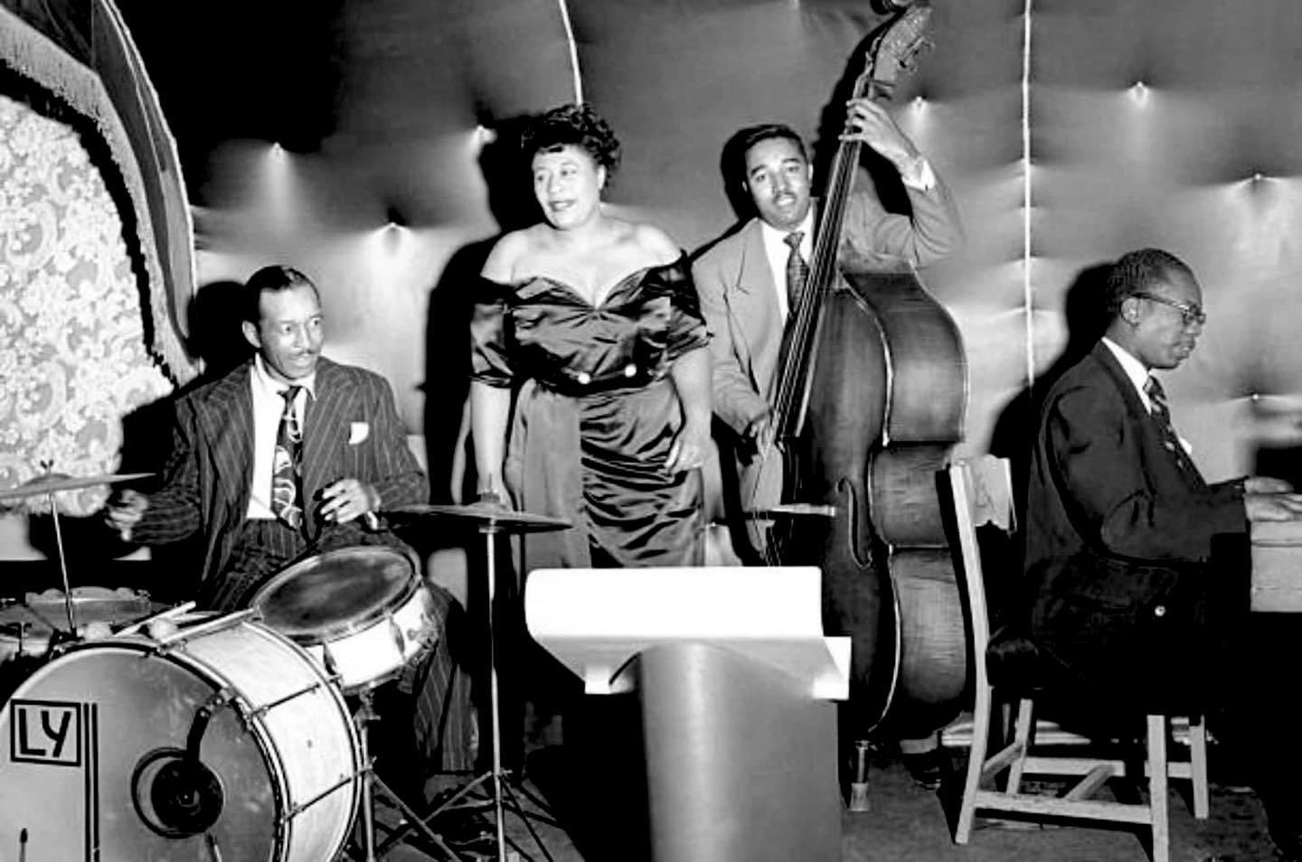 Ella Fitzgerald with Lee Young, Ray Brown and Hank Jones in Los Angeles, California, ca. 1948