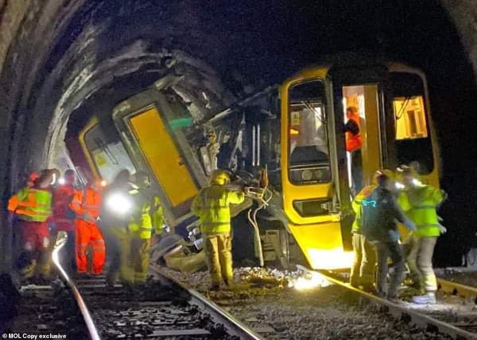 Two trains have collided and derailed in tunnel near Salisbury with one left on its side. No serious injuries reported. 31/10/2021.