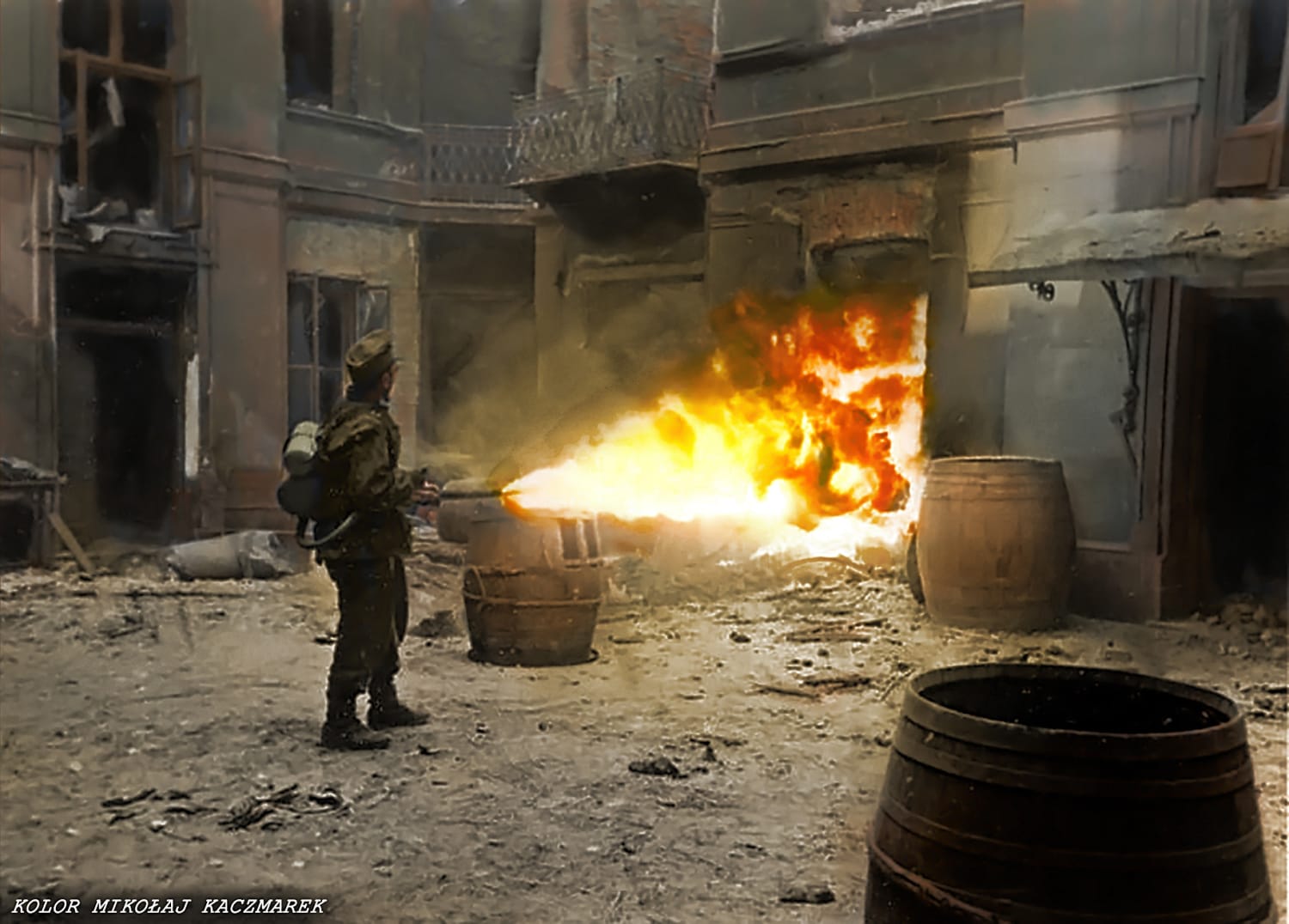 Germans set fire to buildings in Warsaw after the end of the Warsaw Uprising in 1944. "Every inhabitant must be killed, no prisoners may be taken. Warsaw is to be razed to the ground and thus an intimidating example for the whole of Europe is to be created"-Heinrich Himmler [Colorization]