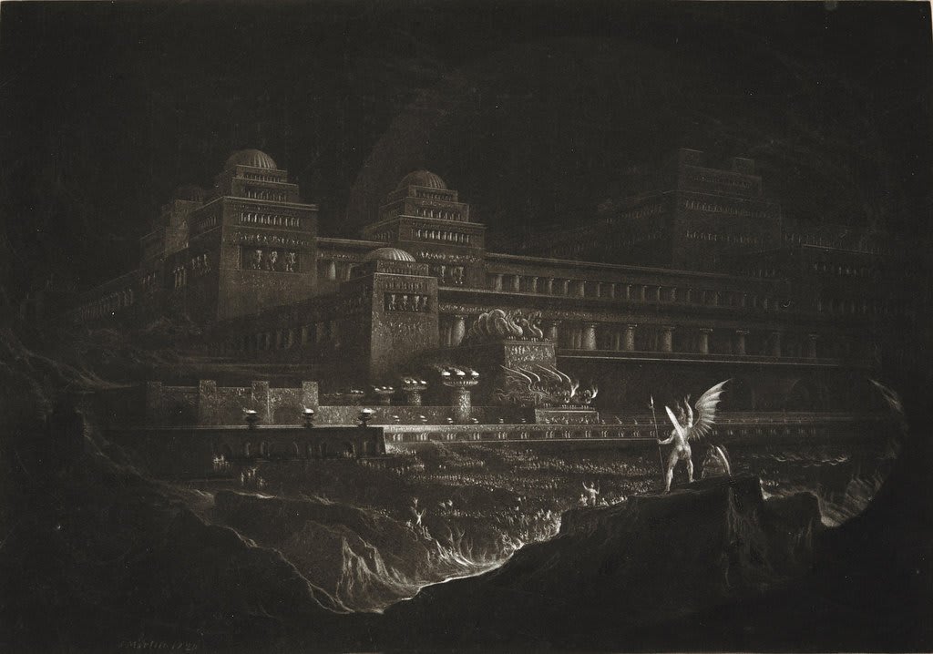 "Pandemonium" — 1824 illustration by John Martin for John Milton's Paradise Lost. The word "Pandemonium" was actually coined by Milton and was his name for the capital of Hell ("place of all demons"). More of Martin's images for the poem here: