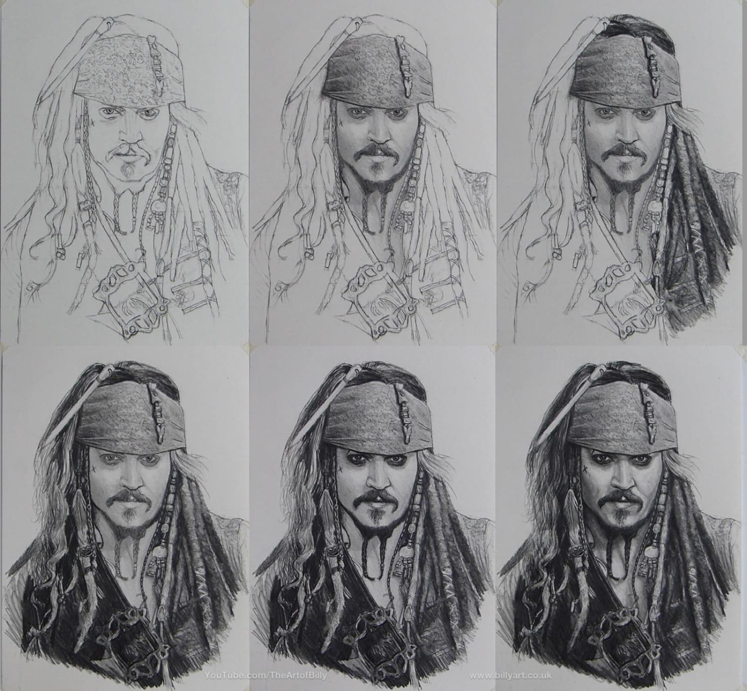 Stages of my drawing of Johnny Depp as Captain Jack Sparrow from a Real Time drawing lesson
