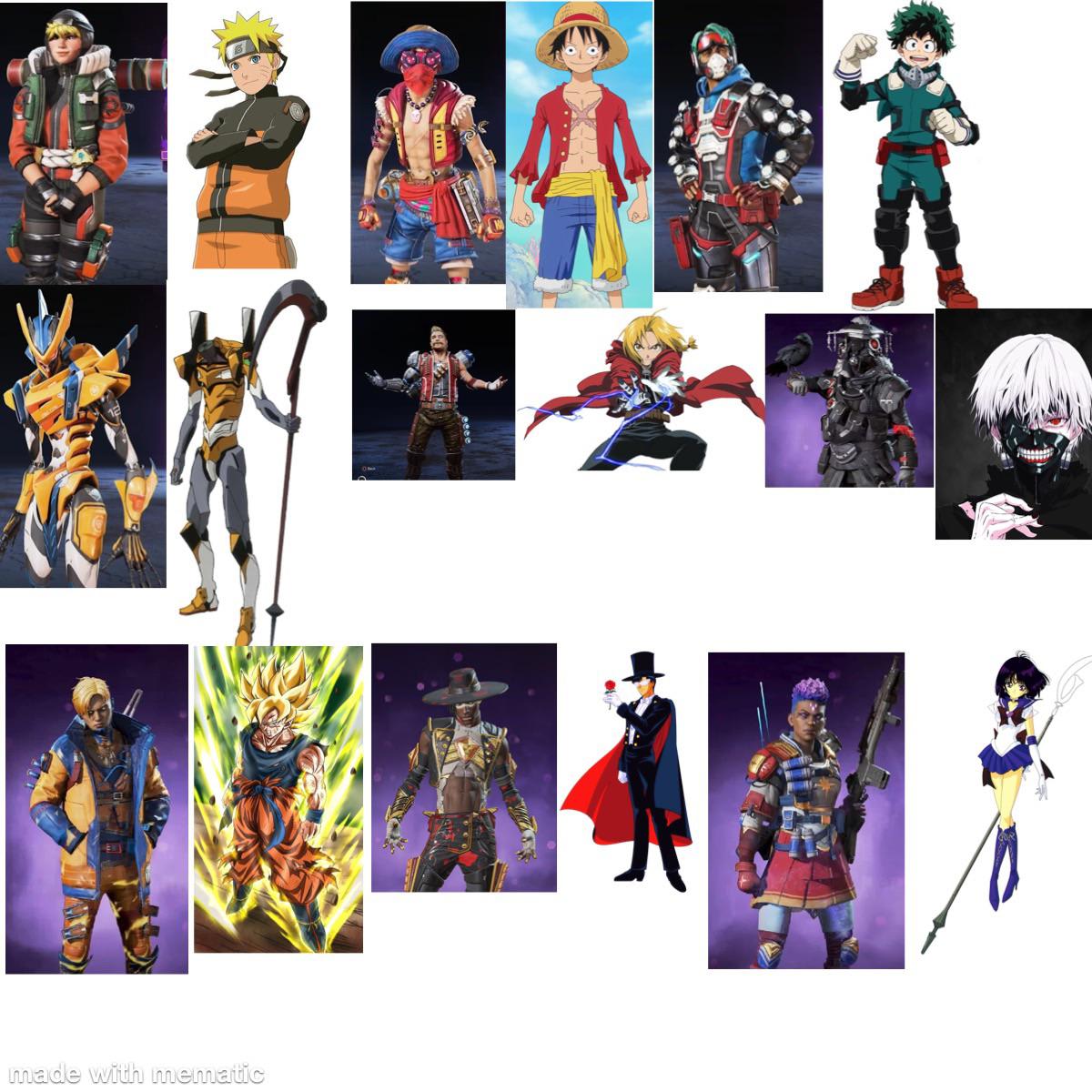 All Gaiden event skin reference Watson is naruto octane is luffy Mirage is deku revenant is an evangelion unit fuse is Edward from fullmetal alchemist brotherhood bloodhound is ken kaneki from Tokyo ghoul crypto is goku seer is tuxedo mask from sailor moon Bangalore is sailor Saturn from sailor moon