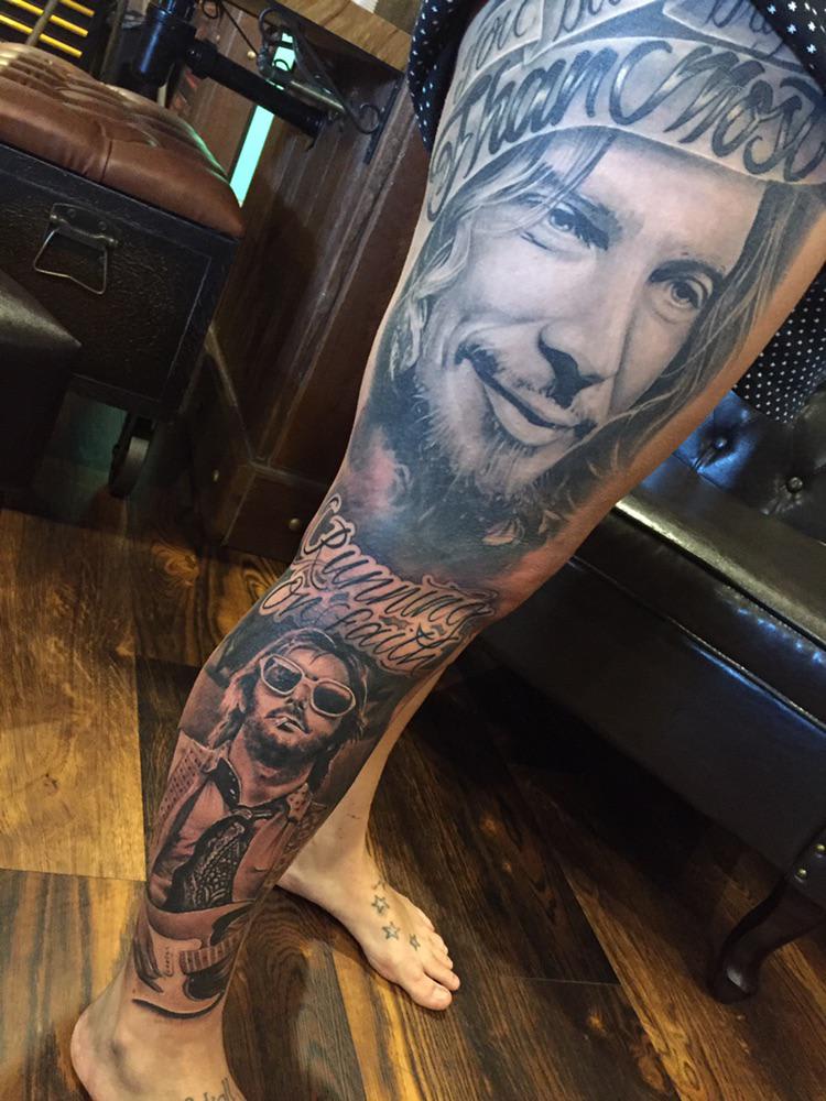 Chris Cornell and Eric Clapton. 8 hours so far, still got 3 more guys to add. Done by Brad Doult @ Inkville Tattoos in Brisbane, Aus