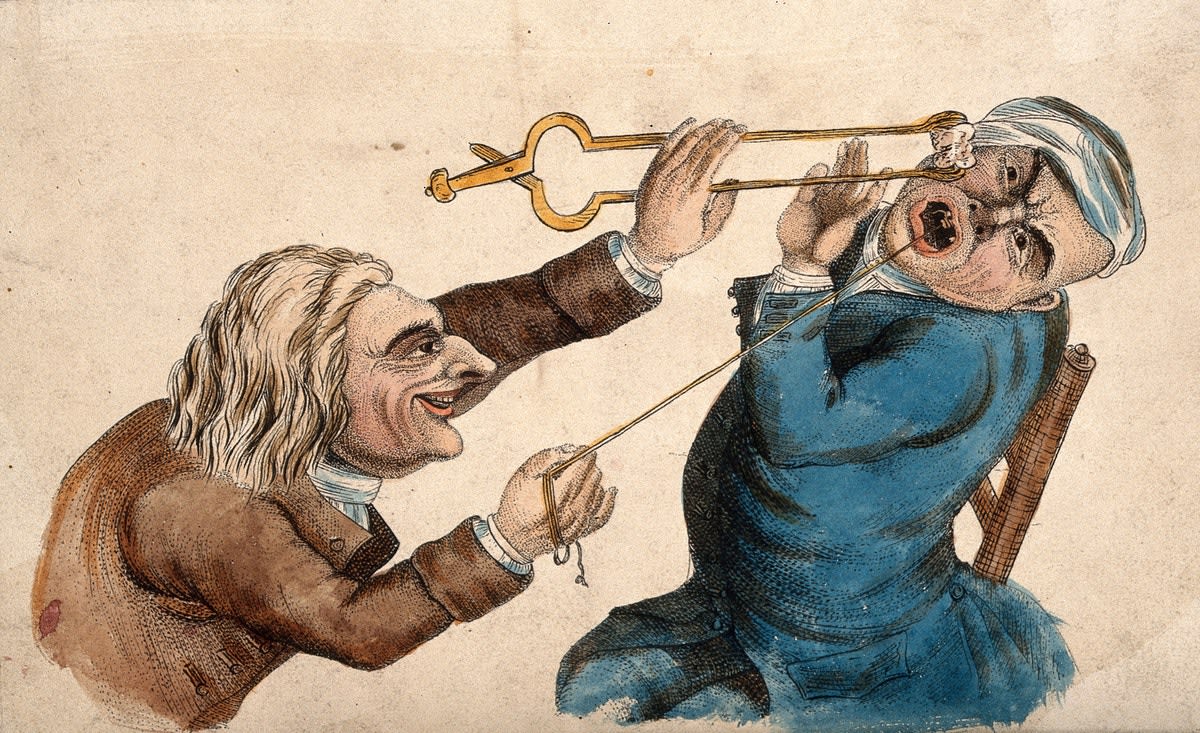 Caricature a "sadistic tooth-drawer" who frightens his patient with a hot coal to make him pull back his head and so extract the tooth, 1810. ⠀ ⠀ Featured in our essay "Sicko Doctors: Suffering and Sadism in 19th-Century America" by @UnrealCitoyenne —