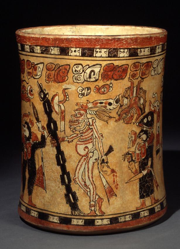 A Maya vase from the Guatemalan Highlands, dates from 600–900 CE. Experts believed that scenes such as this represented gods from the Underworld, but recent scholarship has clarified the role of these horrific creatures as animate spells and personified illnesses sent out by sorcerers