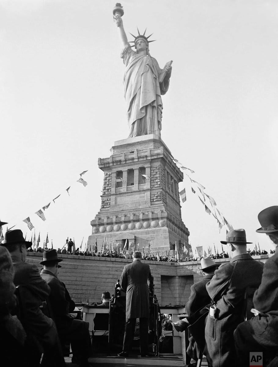 OTD in 1886, the Statue of Liberty, a gift from the people of France, was dedicated in New York Harbor by President Grover Cleveland. Photo shows President Franklin Roosevelt speaking on the 50th anniversary of the erection of the State of Liberty. | Photo Preston Stroup