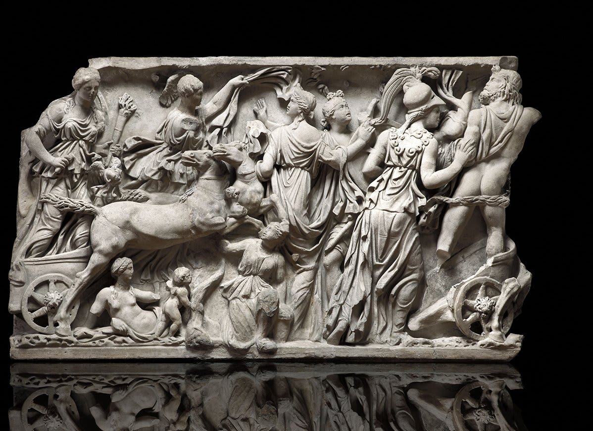 Once part of a sarcophagus, or coffin, this panel illustrates the abduction of Persephone by Hades, god of the underworld. In the Greek and Roman worlds this myth explained the changing seasons and to be taken by Hades became a popular metaphor for death—#NowOnView in Ancient Art