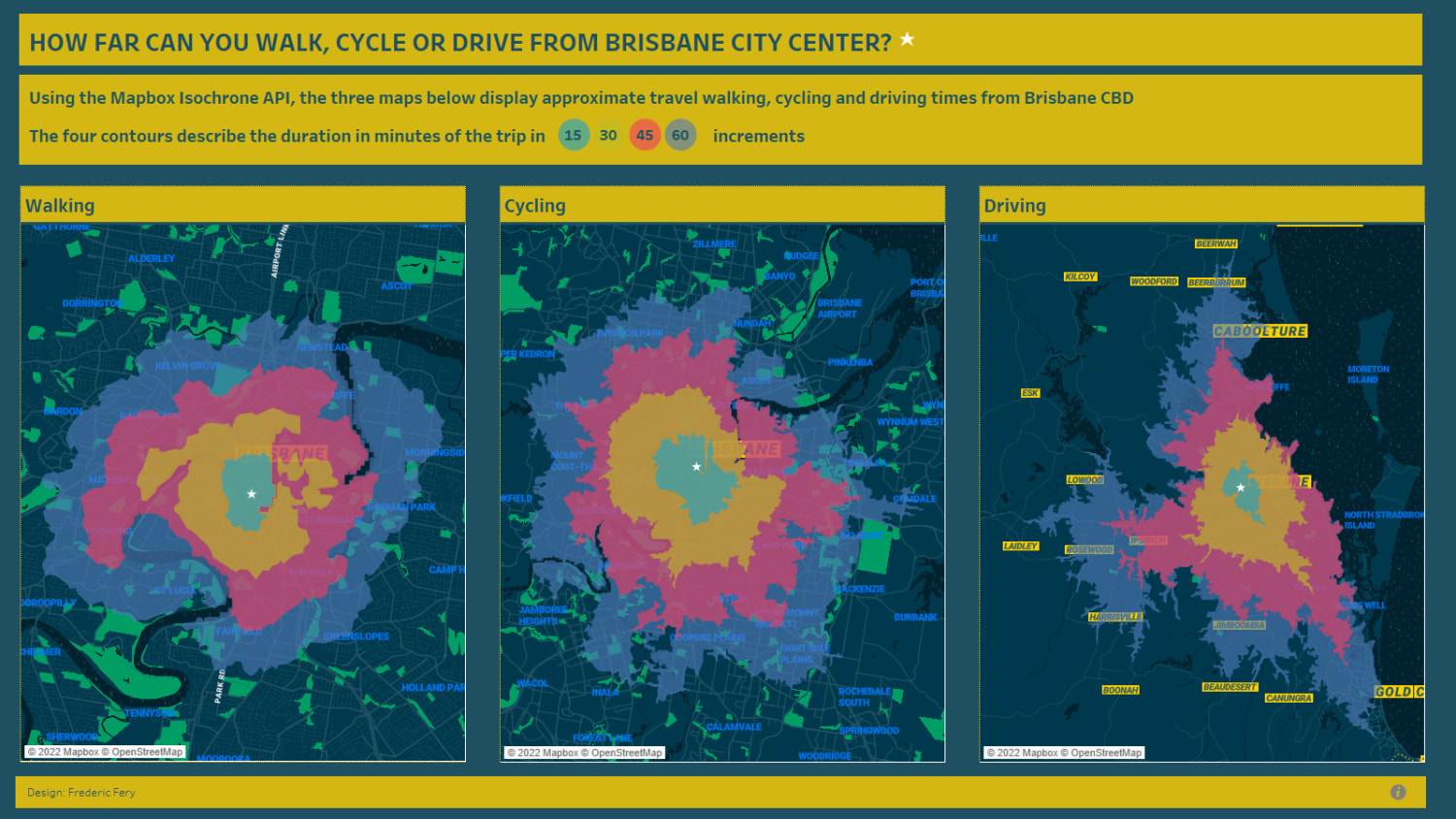 Illustration of the walking, cycling and driving times from Brisbane’s Central Business District, Australia - Travel time Analysis using Mapbox Isochrone API