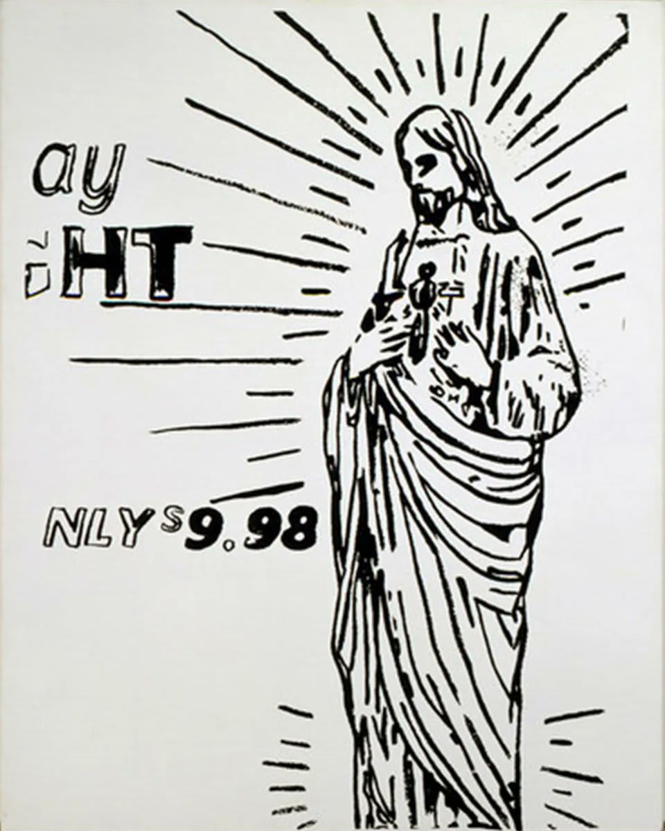 In his most famous works of the 60s, Warhol lifted imagery from newspaper ads. In the 80s, he returned to this source, varying his approach by tracing the ads by hand with a brush, like this acrylic and screenprint of a Jesus Christ night-light. 🎟