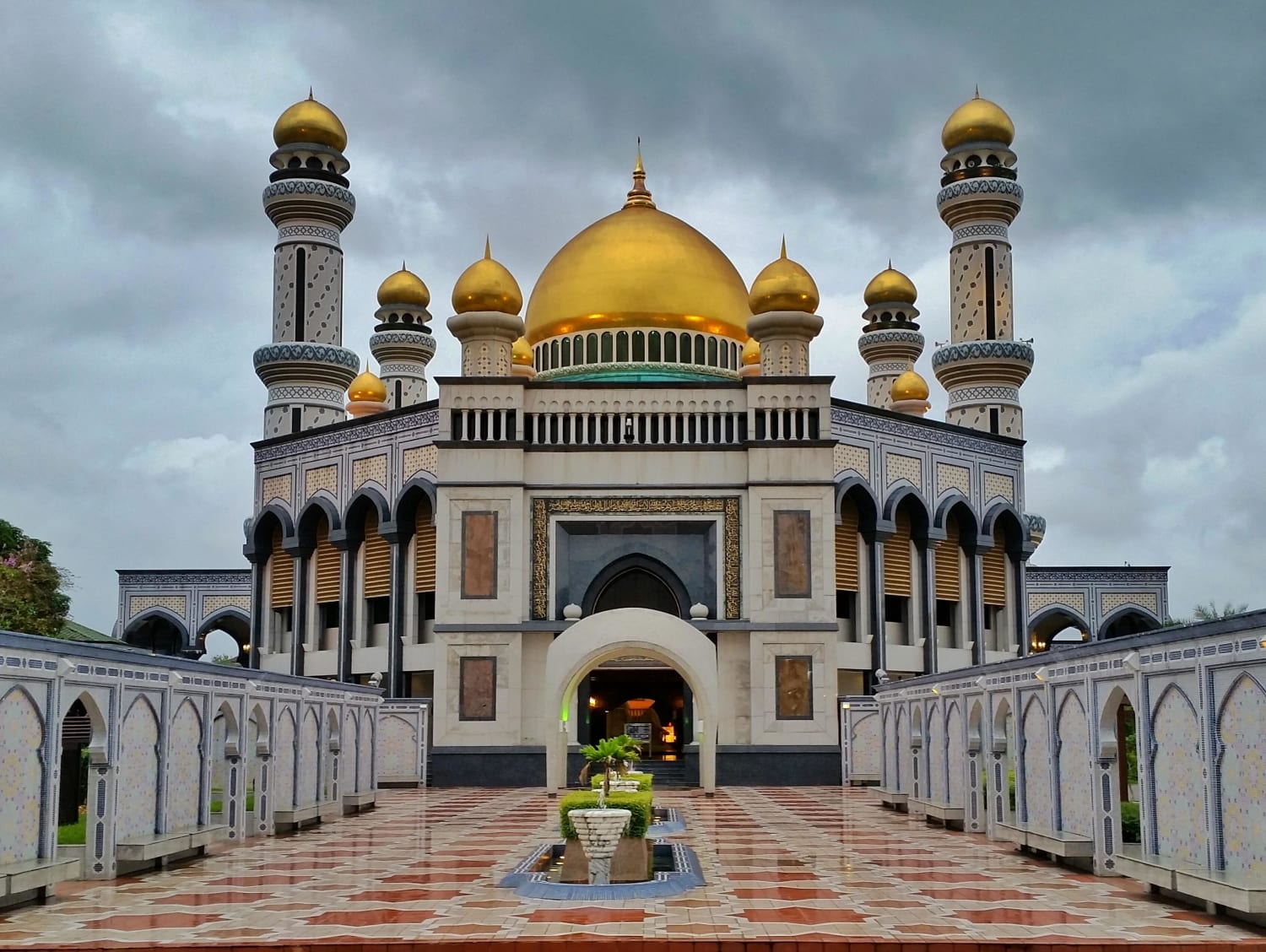 Jame' Asr Hassanil Bolkiah Mosque - Bandar Seri Begawan, Brunei - Constructed 1988 - The mosque has 29 golden domes and four minarets with a height of 58 meters (190 feet) - Considered to be a masterpiece of modern Islamic architecture throughout South Asia