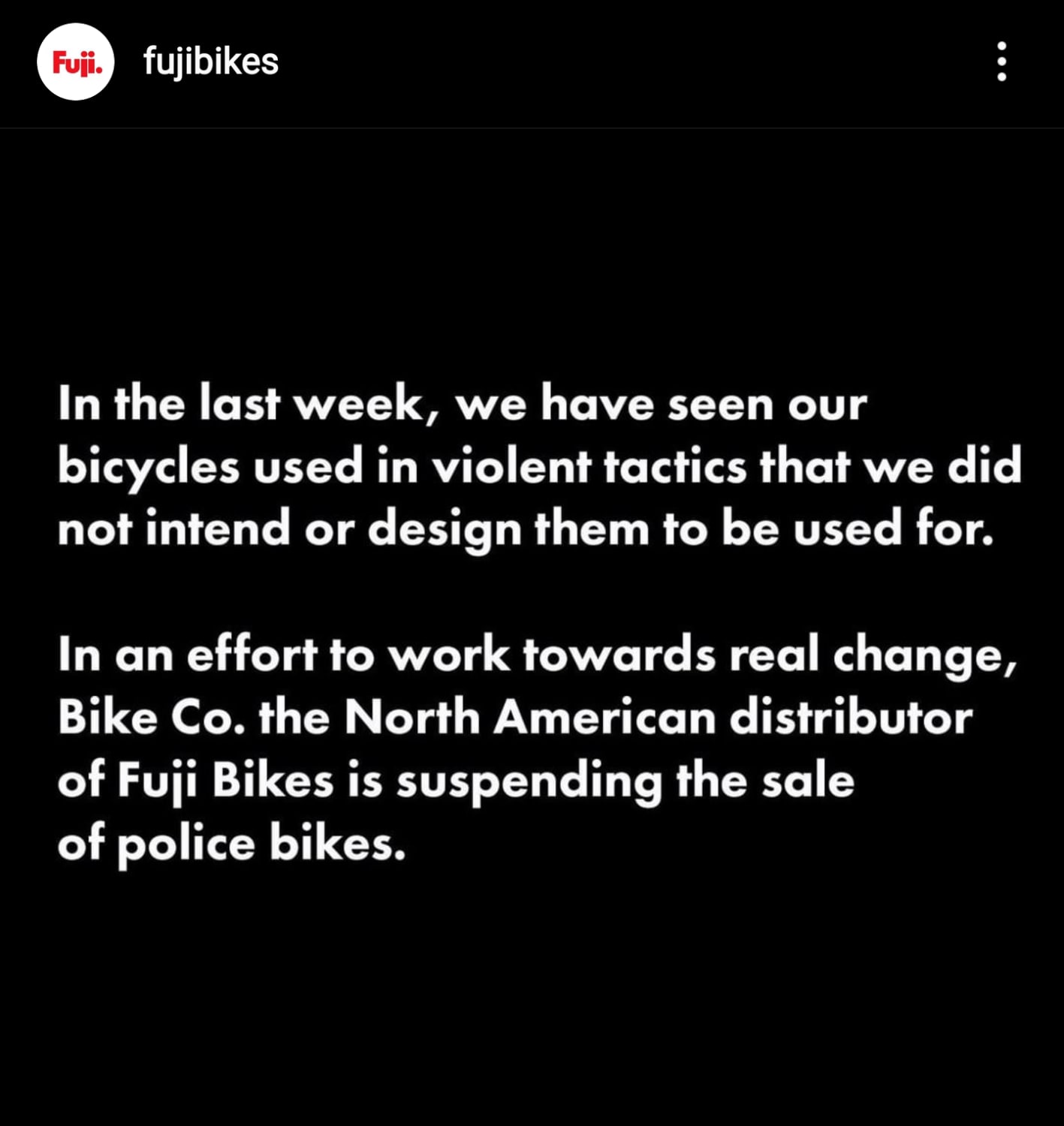 Bike Co., Fuji's NA distributor, suspends sales of police bikes.