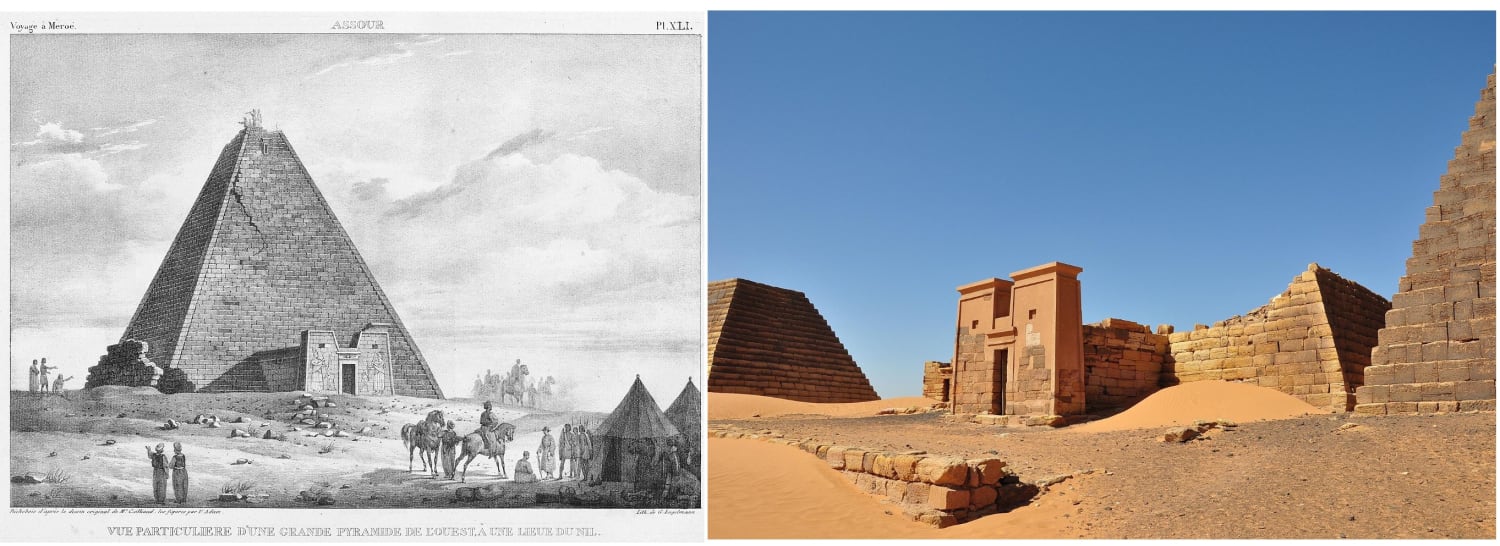 The pyramid of the Kushite queen Amanishakheto (~10 BC). Before and after Giuseppe Ferlini demolished it in 1830 in search of treasure. He is said to have severely damaged or destroyed at least 40 of the Nubian pyramids.