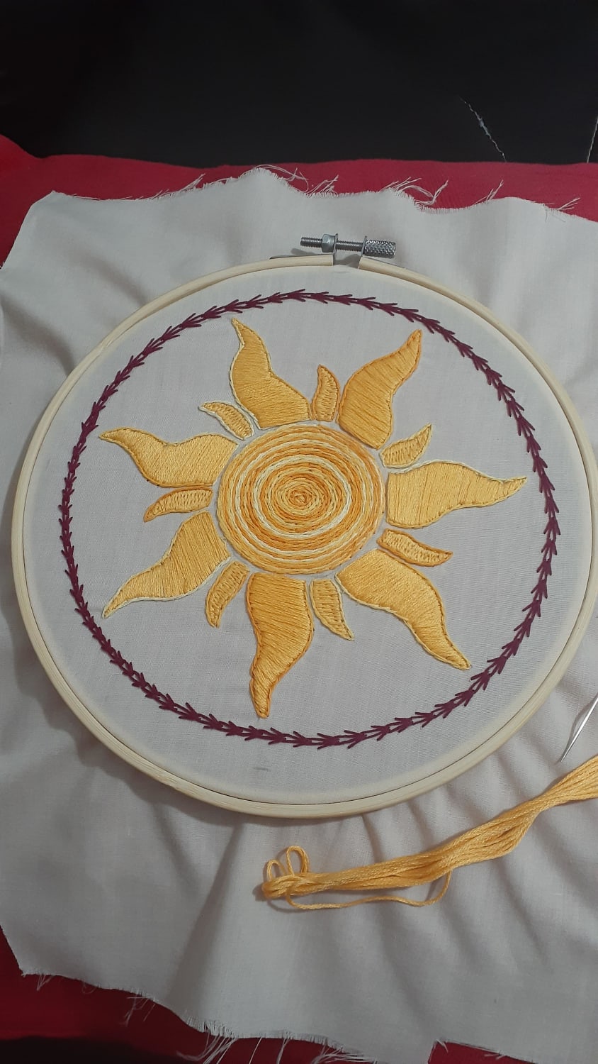 My first embroidery work. I think I made every single possible mistake, but learned a lot from this. And more importantly, had so much fun! I'm obsessed with embroidery now. This is the Tangled movie sun design.