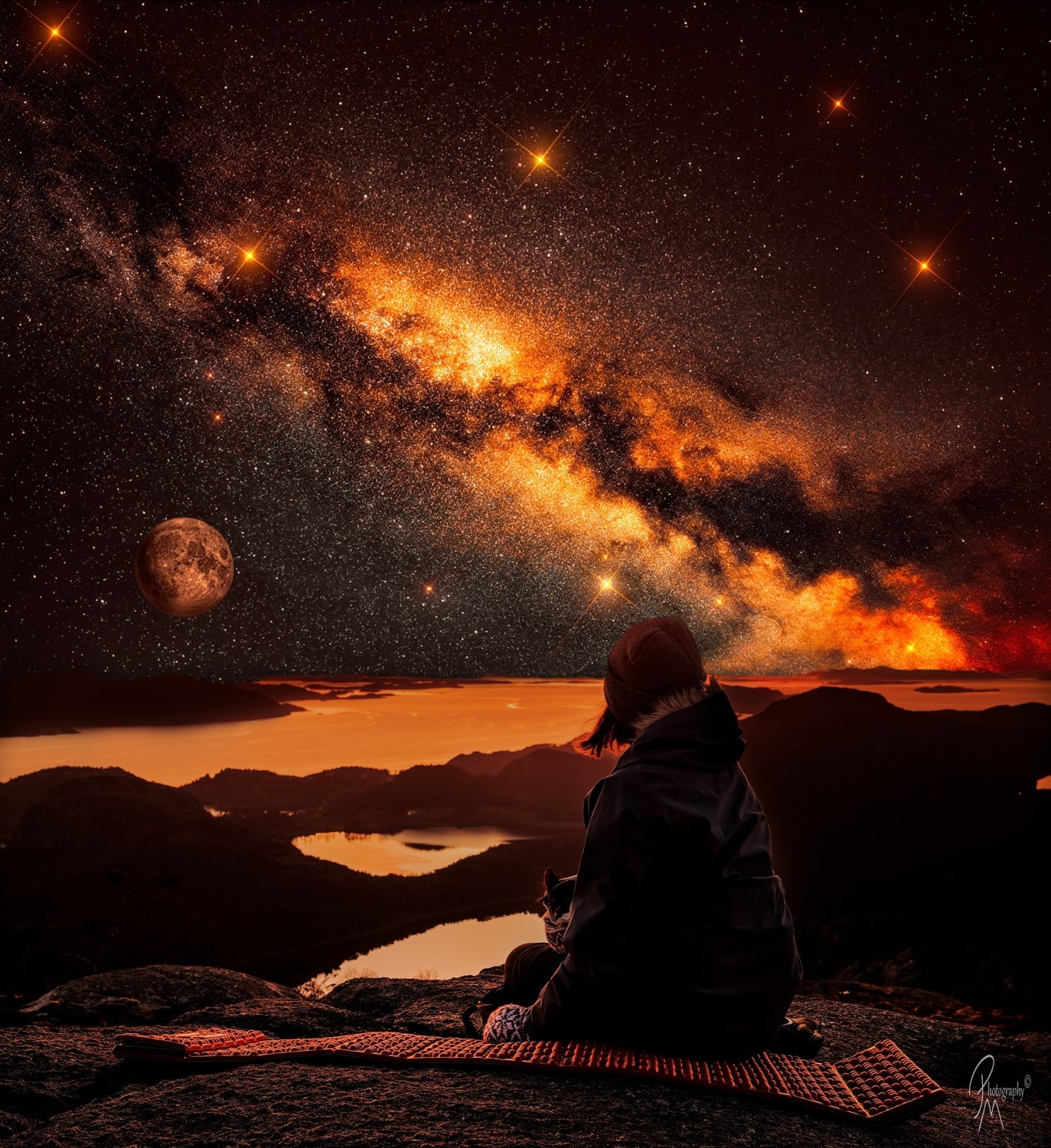 An astro composite i made consisting of a milkywayphoto (Tracked and stacked 10st 3min exposure + calibration frames, bortle 1) a moon photo (3000st tracked exposures + calibration frames, bortle 8 fml...) And a single long exposure picture of my girl during sunset on a mountain top.