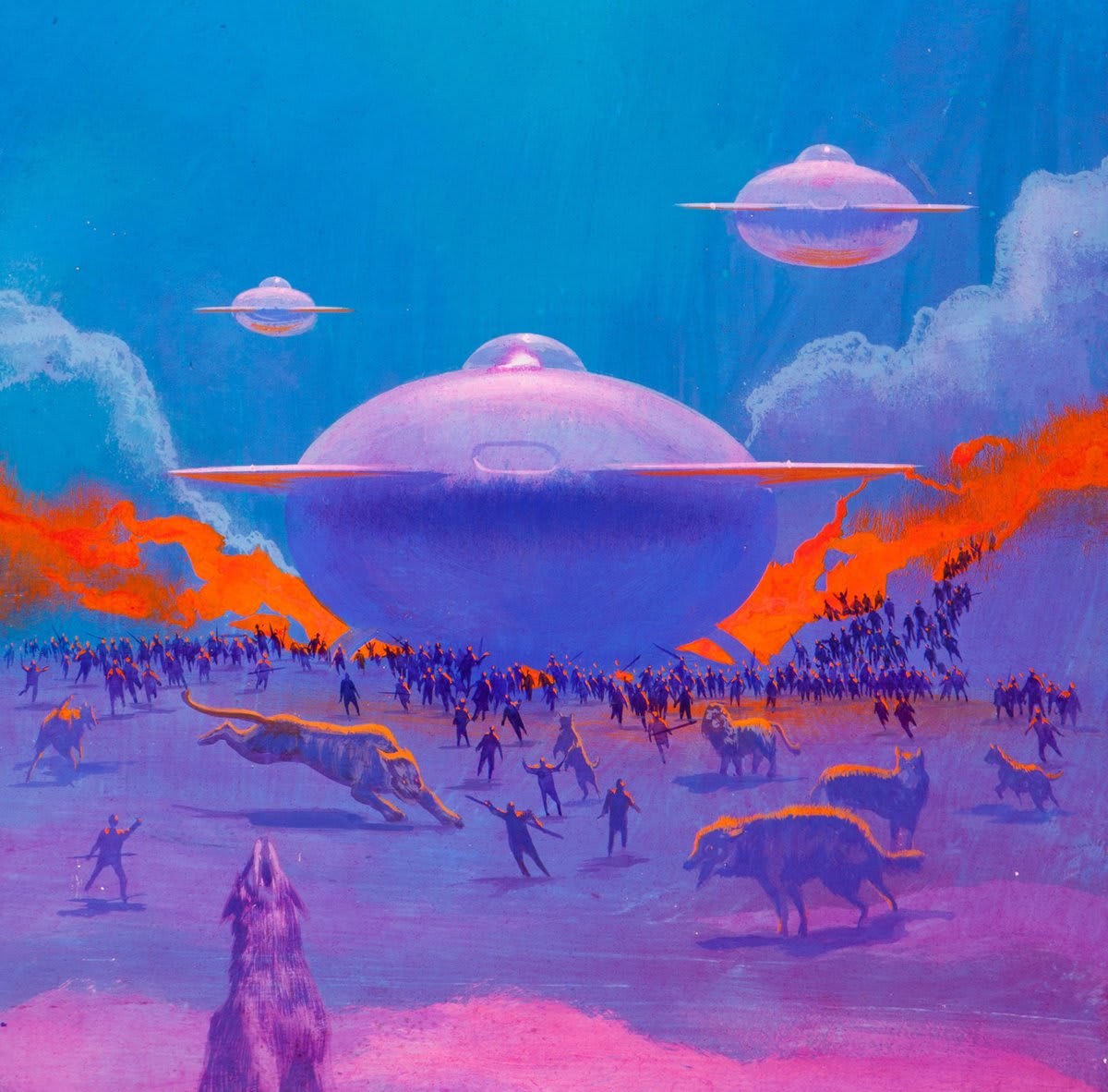 Flying saucers by Paul Lehr, Tim White, Alex Schomburg, and Bruce Pennington.