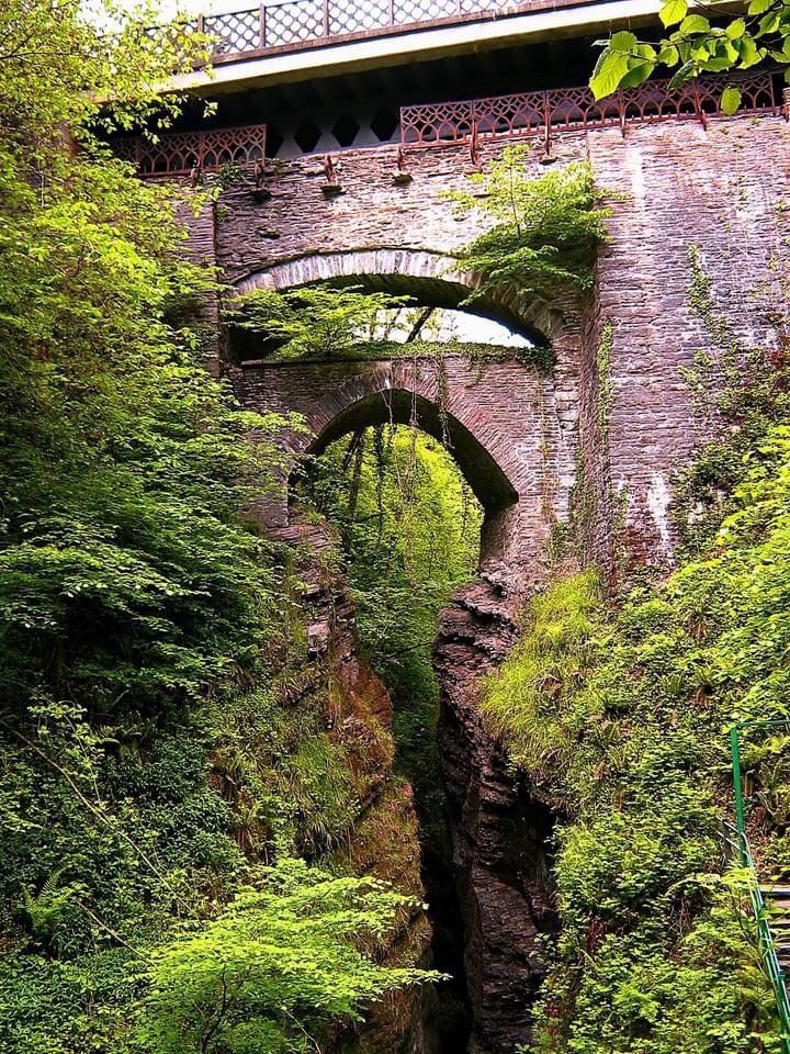 The Devils Bridge in Ceredigion, Wales, comprises three bridges built on top of each other, dating from c. 1100, 1753 and 1901