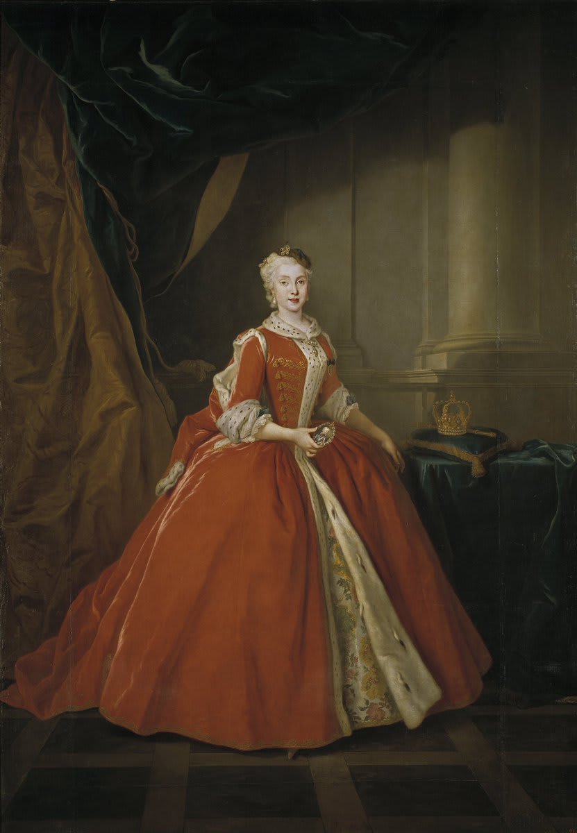 Princess Maria Amalia of Saxony wears a lavish Polish style gown that is very reminiscent of the 1860s silhouette, but this portrait was done over a century earlier in 1738 by Louis de Silvestre. Details: