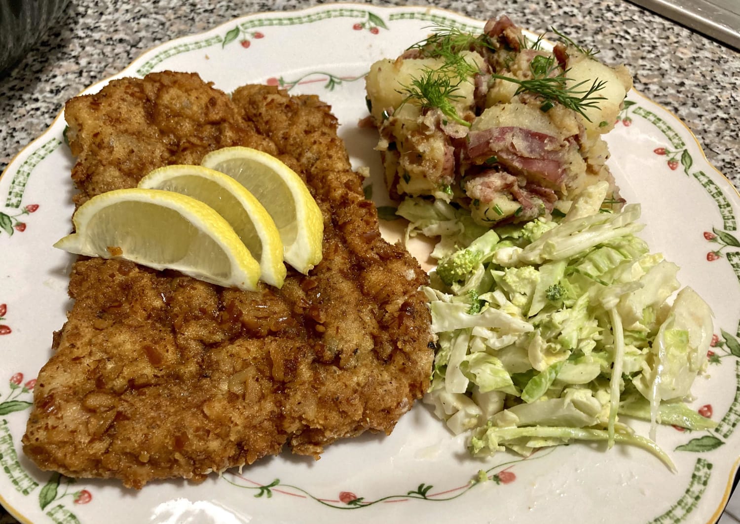 [Homemade] Pretzel crusted pork schnitzel with German potato salad and Brussels sprouts and broccoli slaw