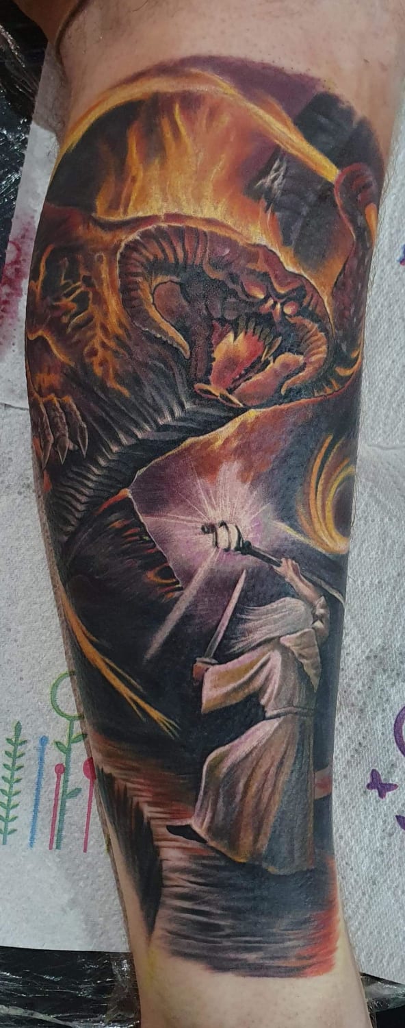 First sitting done on lord of the rings leg sleeve. Tattoo done by raven at sakura, newcastle, uk.